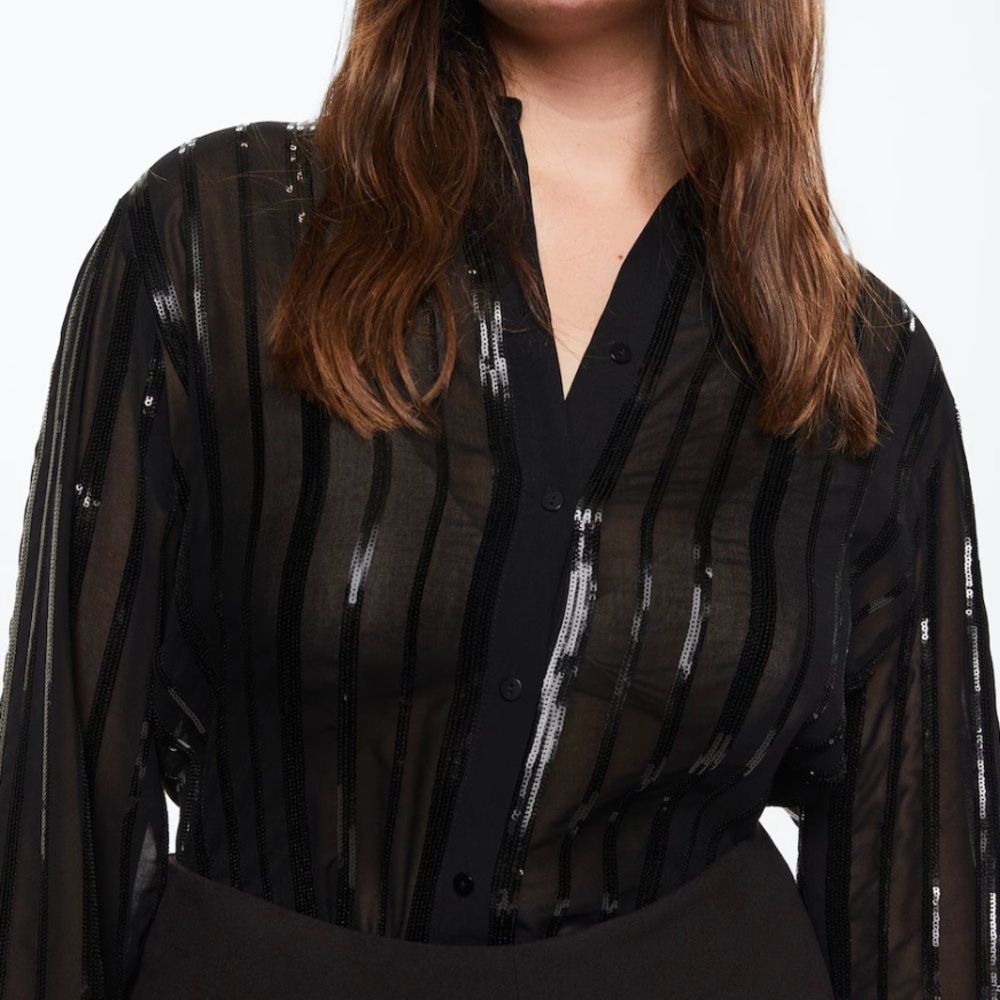Mango- Black Sequins Button Down Top. Size: Xs - image 2